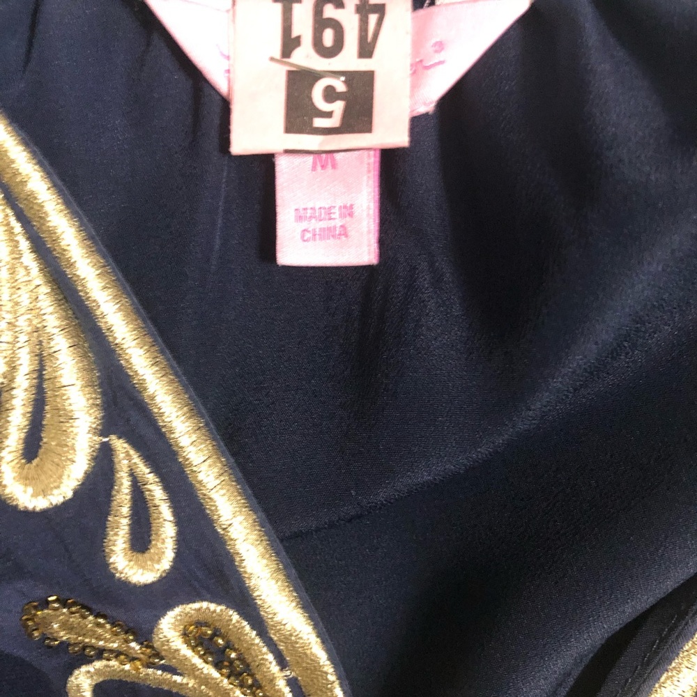 EUC Lilly Pulitzer Silk True Navy Gold Embroidered Silk Vent Sleeve Blouse Top M - Picture 6 of 6